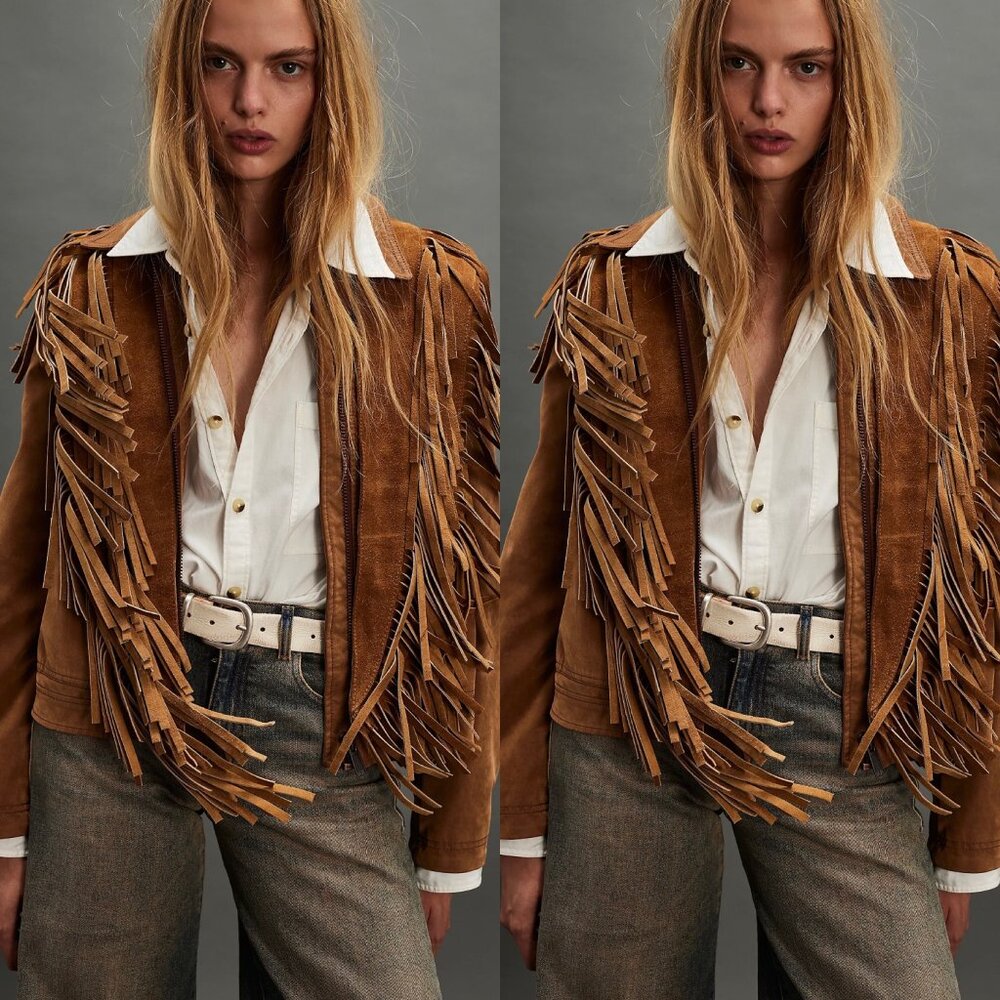 Free People Western Fringe Leather Shawl NWT OS | Tan Suede Fringe Wrap Boho - Picture 10 of 12